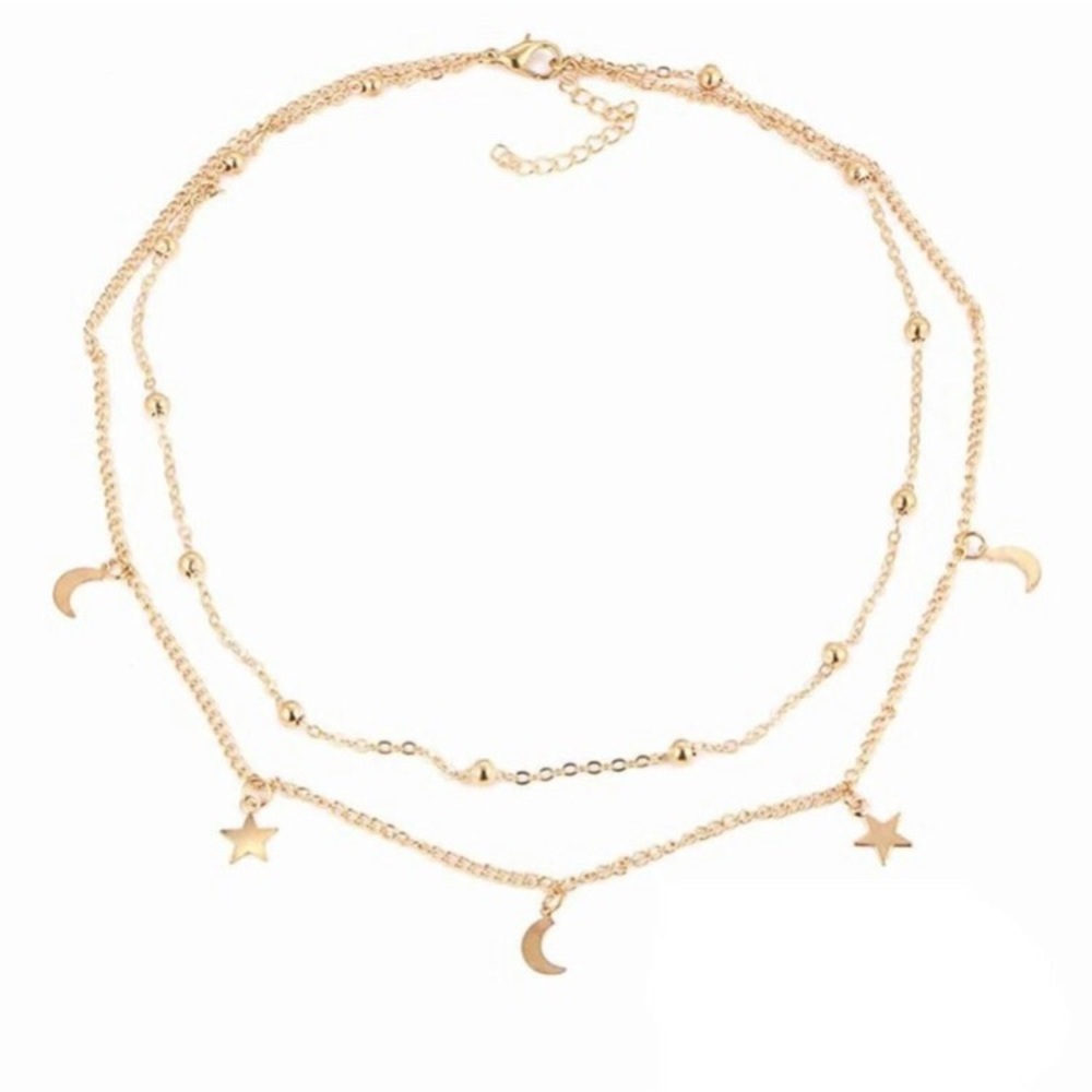 🌙 Crescent Boho Moon and star double layered ball chain necklace - Picture 3 of 4